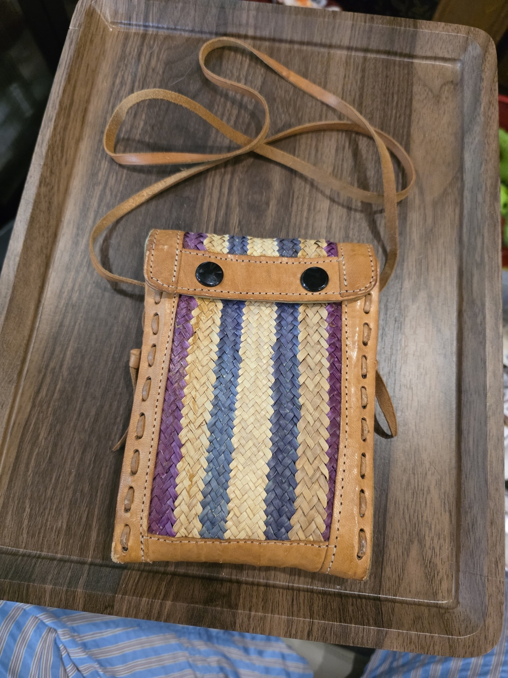 Leather-Woven Crossbody Bag in Tan with Multicolor Stripes